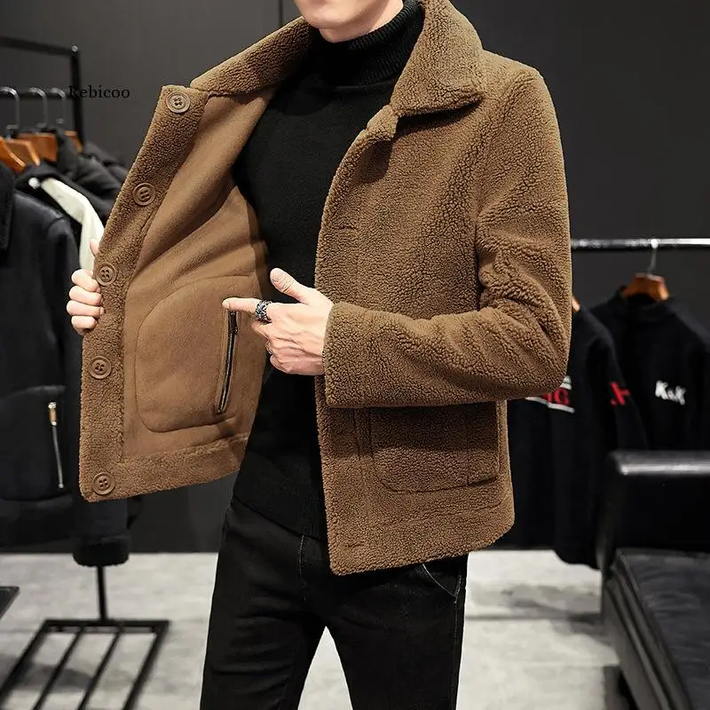 

Men's Thick Plush Jacket Personality Two Side Cashmere Jacket Men's Fleece Jacket Jacket with Warm Inner Tank Khaki Jacket