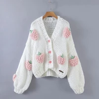 2021 autumn winter embroidery long sleeve v neck sweaters handmade crochet button up cardigan sweater women coat loose knitwear