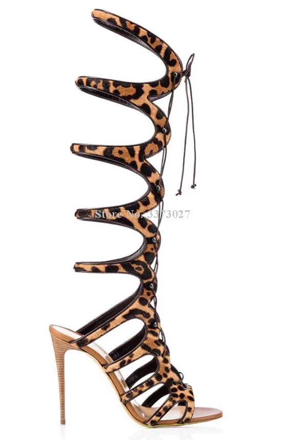 Jual Wanita Sexy Leopard Lutut Tinggi Sandal Sepatu Wanita New Cross Mengikat Renda-Up Sandal Sepatu Bot Panjang Fashion Besar Ukuran Perjamuan Sepatu