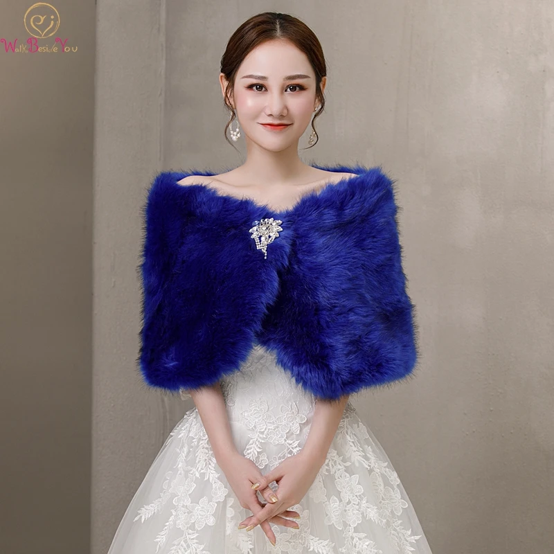 

100% Real Pictures Blue Party Evening Jacket With Crystal Wrap Faux Fur Wedding Cape Winter Women Bolero Wrap Winter Shawl Stock