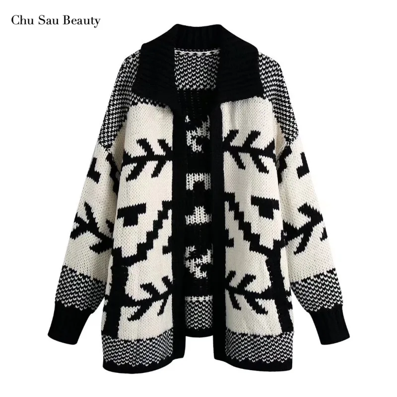

Chu Sau Beauty New Women's Autumn/Winter Jacquard Knit Cardigan Sweater Retro Lapel Long Sleeve Thick Warm Sweater Jacket
