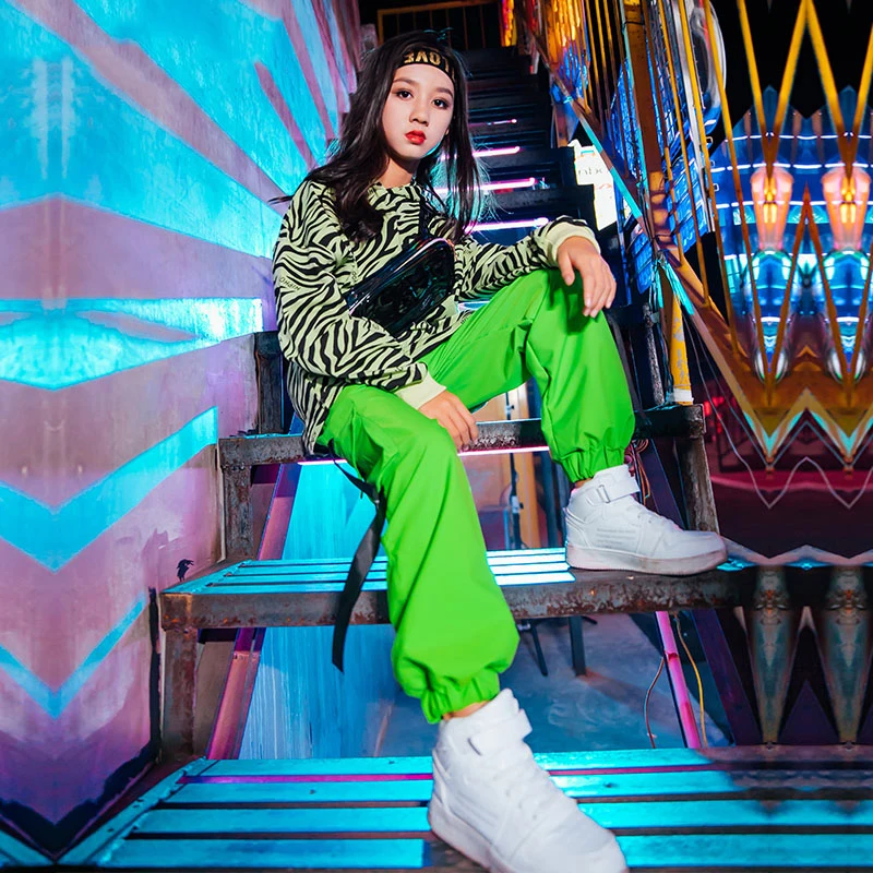 Танцевальные костюмы в стиле хип-хоп для девочек флуоресцентные зеленые брюки