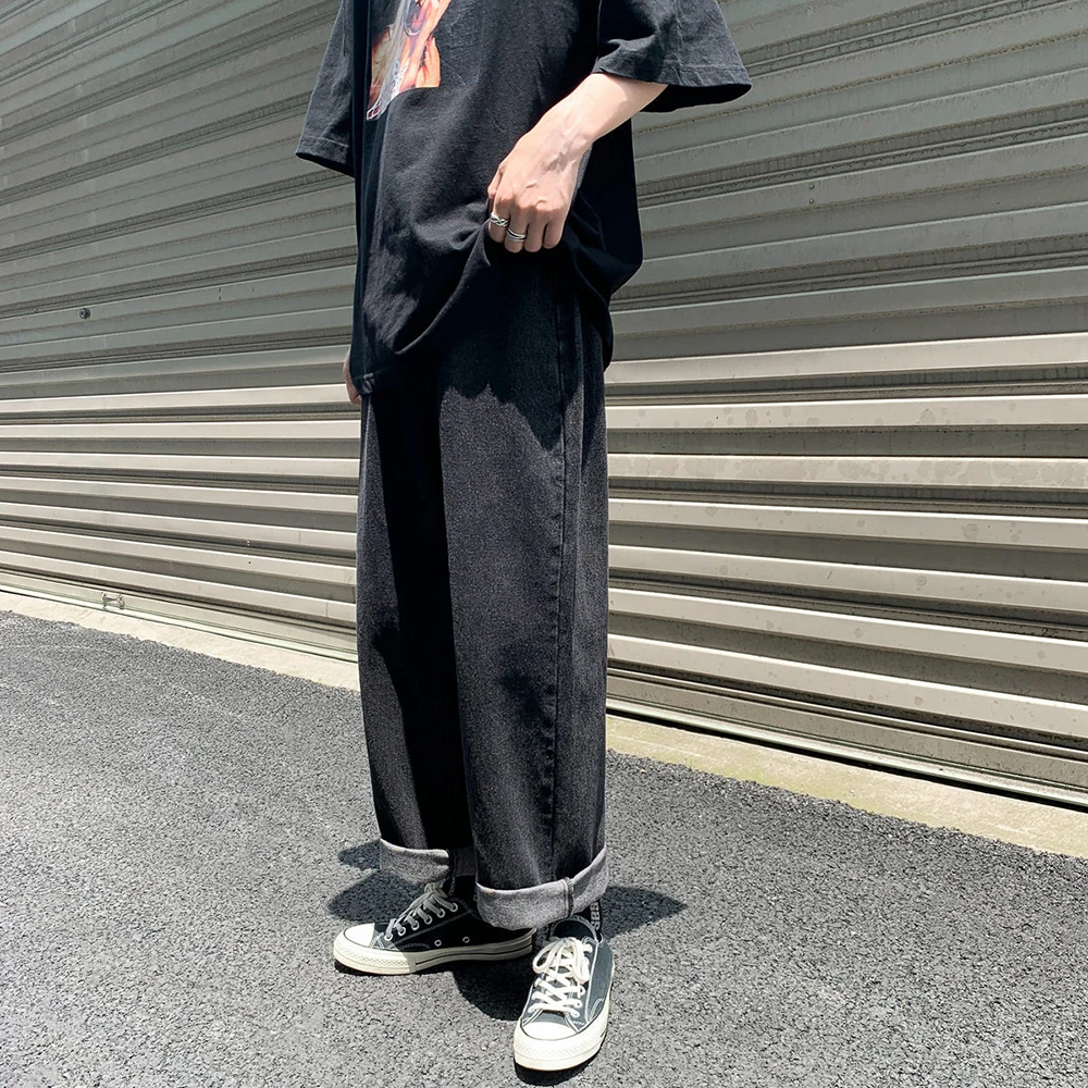 Wholesale Jeans Men Straight Loose Popular Korean Teenagers Student Ankle Length Pants Men Solid Denim Trousers