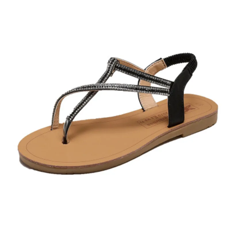 Сандалии женские с кристаллами повседневные однотонные босоножки на плоской