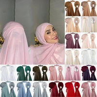 chiffon hijab with bonnet elastic rope cap bubble heavy solid color inner scarf headband stretch hijab cover headwrap turbante