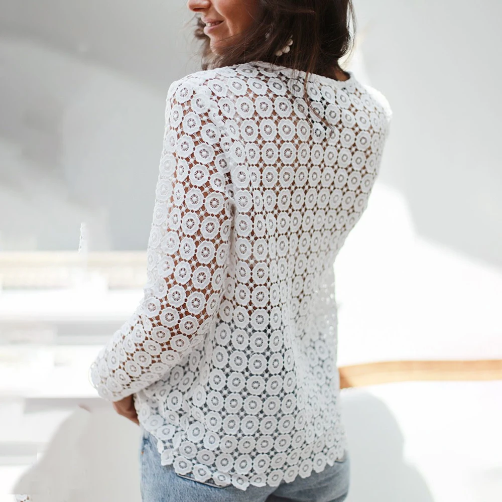 

2021 Autumn New Sexy Hollow Out Lace Women Shirt Fashion Deep V Neck Long Sleeve Ladies Blouse Woman Street Tops