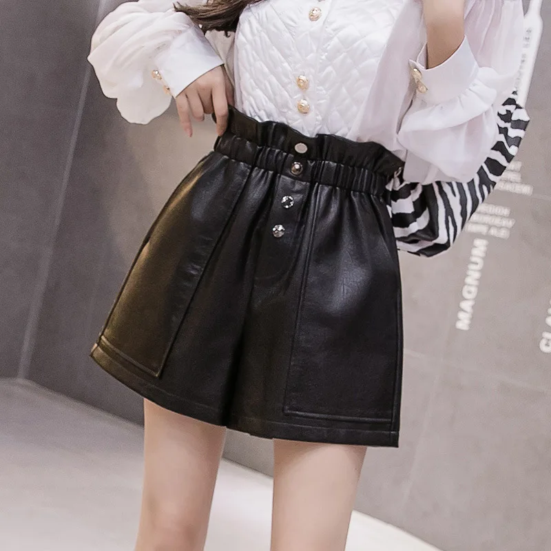 

Эластичные шорты Lederhosen из искусственной кожи с завышенной талией для женщин, новинка для студентов, Осень-зима, свободные широкие шорты, чер...