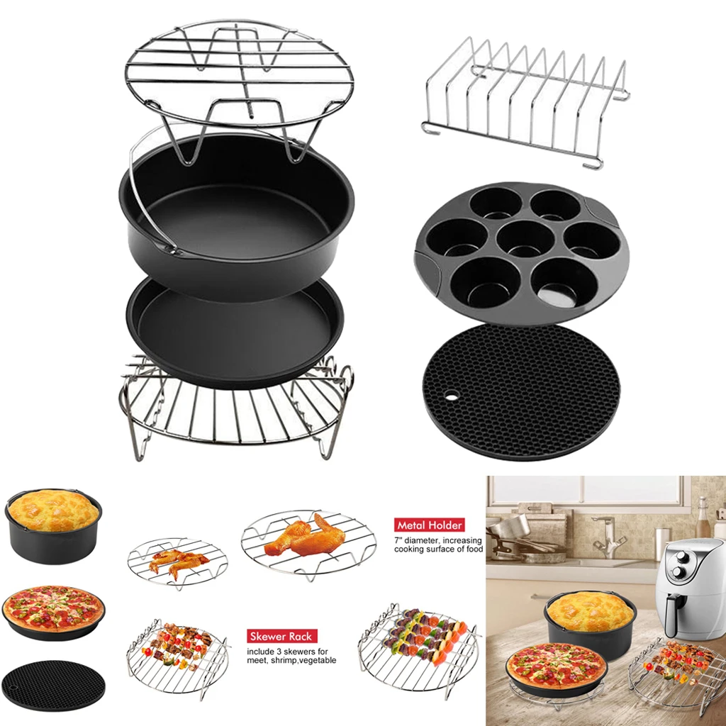 

1 Set (7pcs) Air Fryer Accessories Baking Basket Pan Frying Tray Pizza Oven Rack