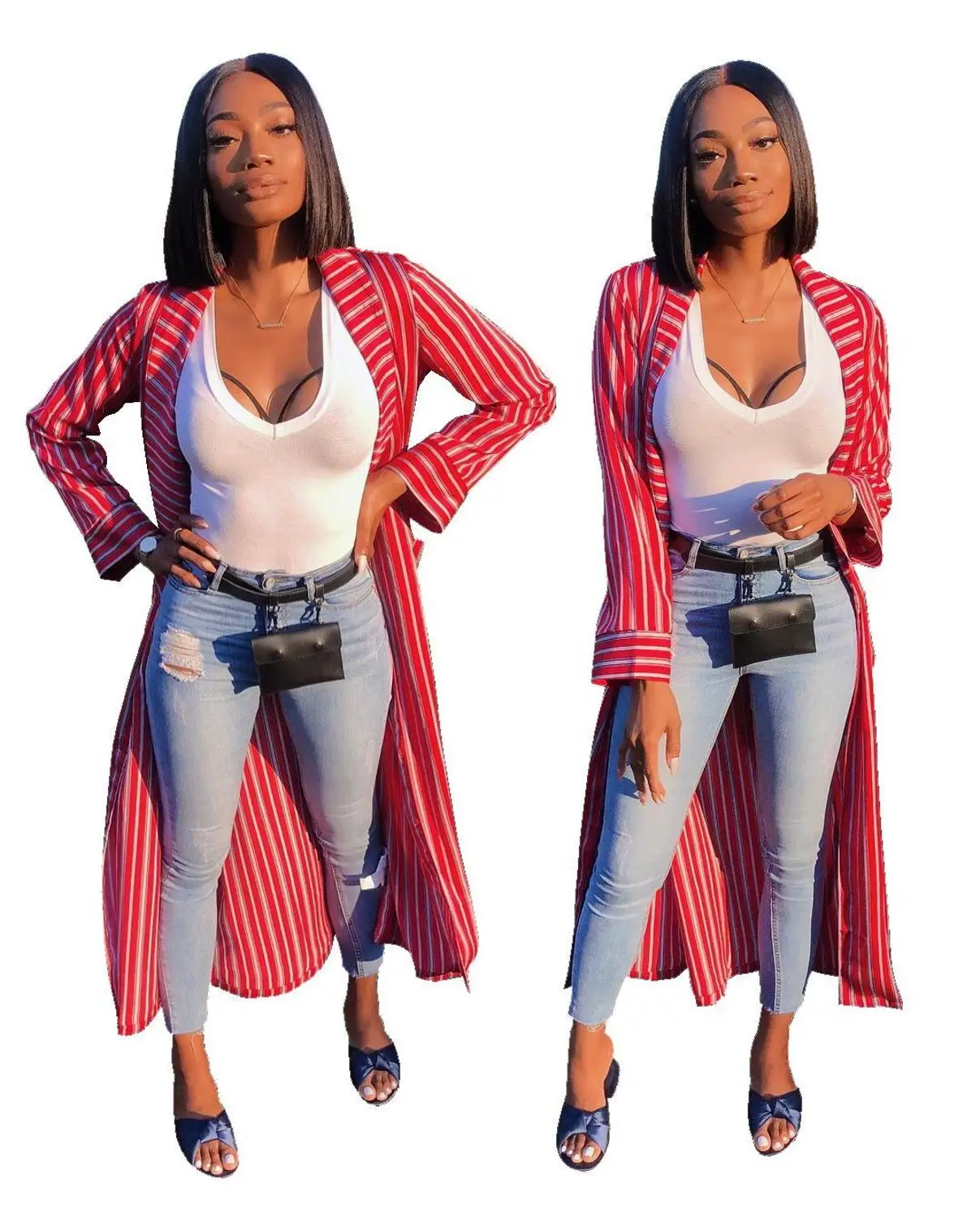 

Easy Matching Women Striped Printing Midi Coats Casual Female V-neck Full Sleeve Pockets Slim Mid-Calf Cardigan 2020 Autumn New