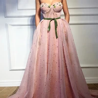 eye catching pink spaghetti strap prom dresses sweetheart beading tulle evening dress with handmade flowers custom made