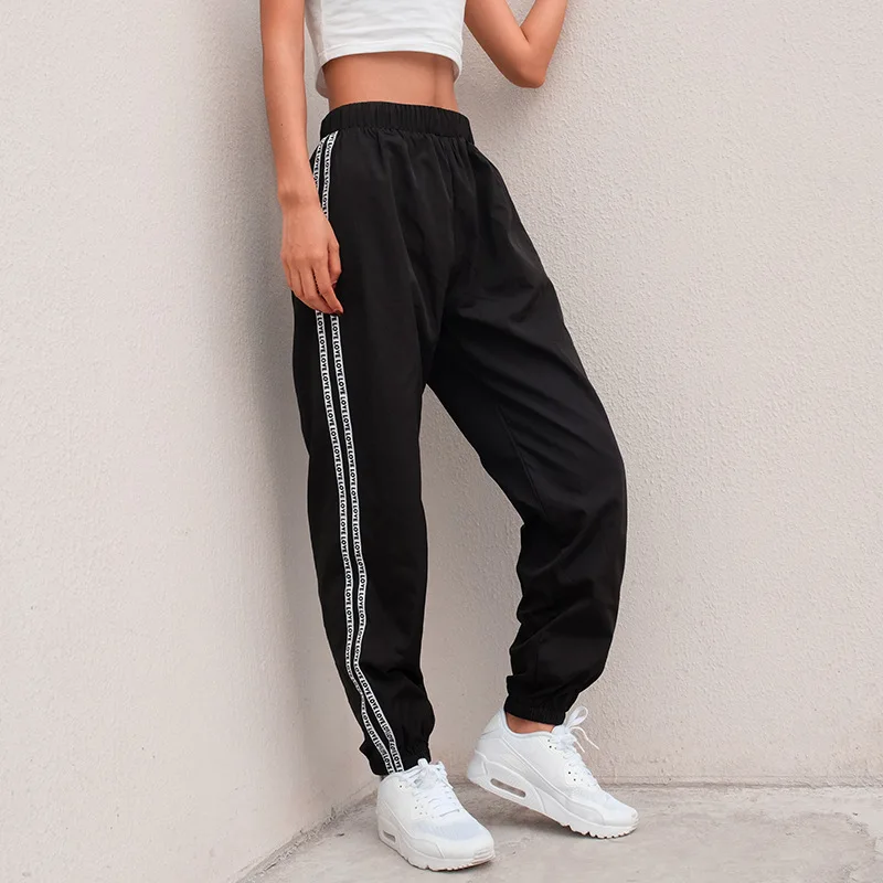 

QWEEK Sports Pants Women High Waist Joggers Women Autumn 2020 Pants Streetwear Strip Letter Trousers Sweatpants Women Jogger