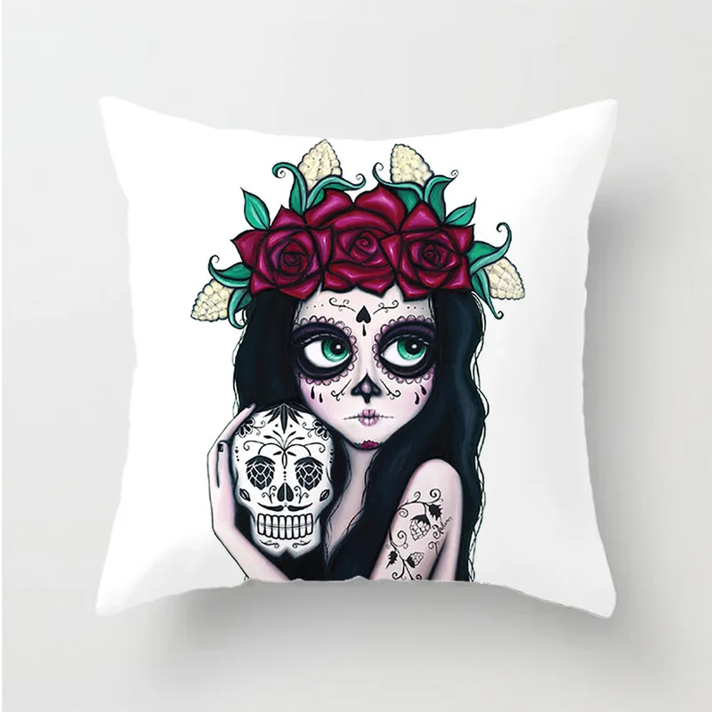 

European and American Horror Beauty Skull Head Halloween Room Decoration Sofa Cushion Linen Pillow Cover Customizable Pictures