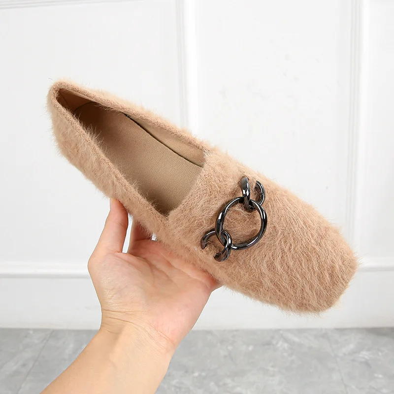 

Casual Woman Shoe Shallow Mouth Female Footwear Modis Square Toe Loafers Fur New Moccasin Dress 2021 Winter Basic TPR Leisure La