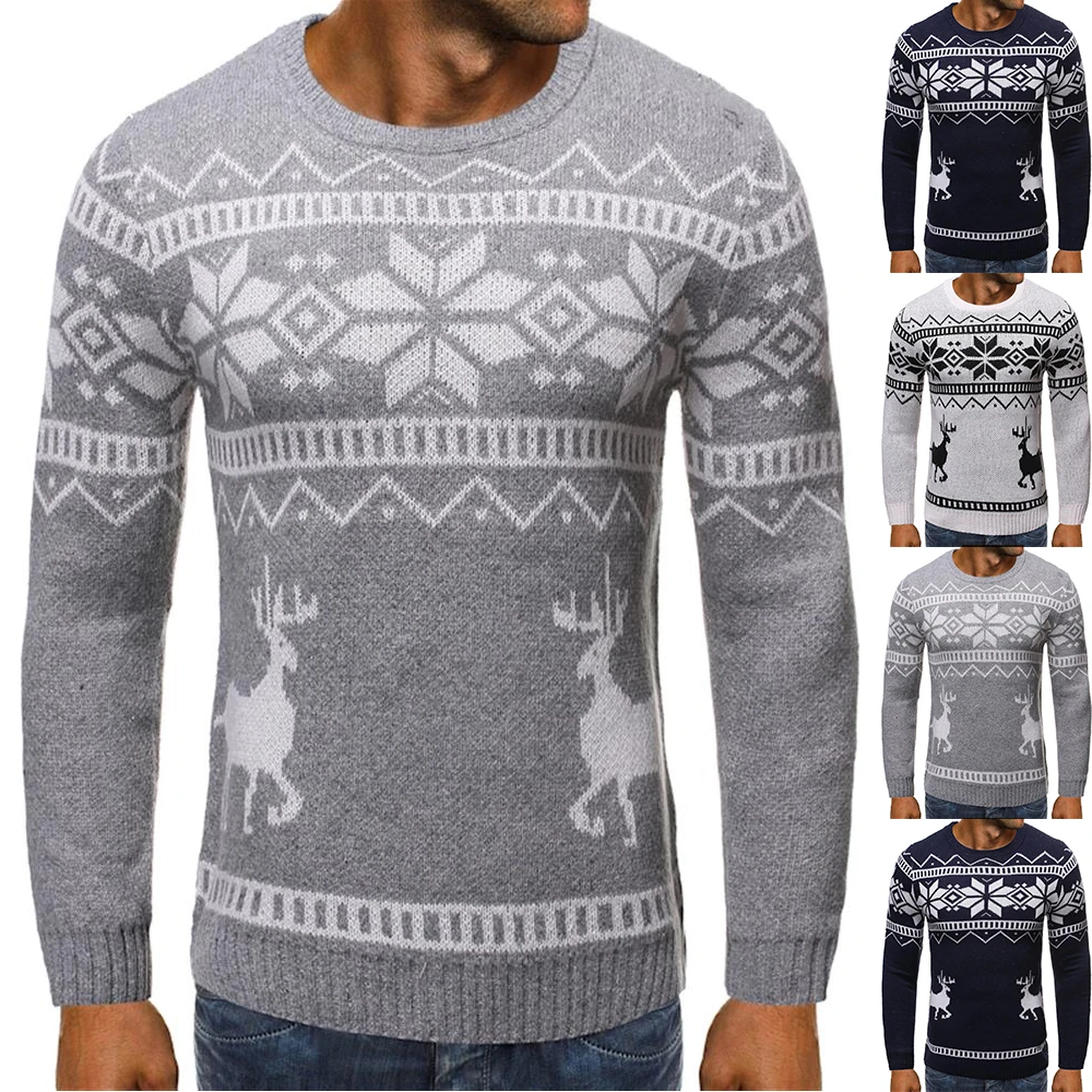 

Men Christmas Elk Printed Sweater Long Sleeve Pullover Jumper Xmas Casual Knitted Tops