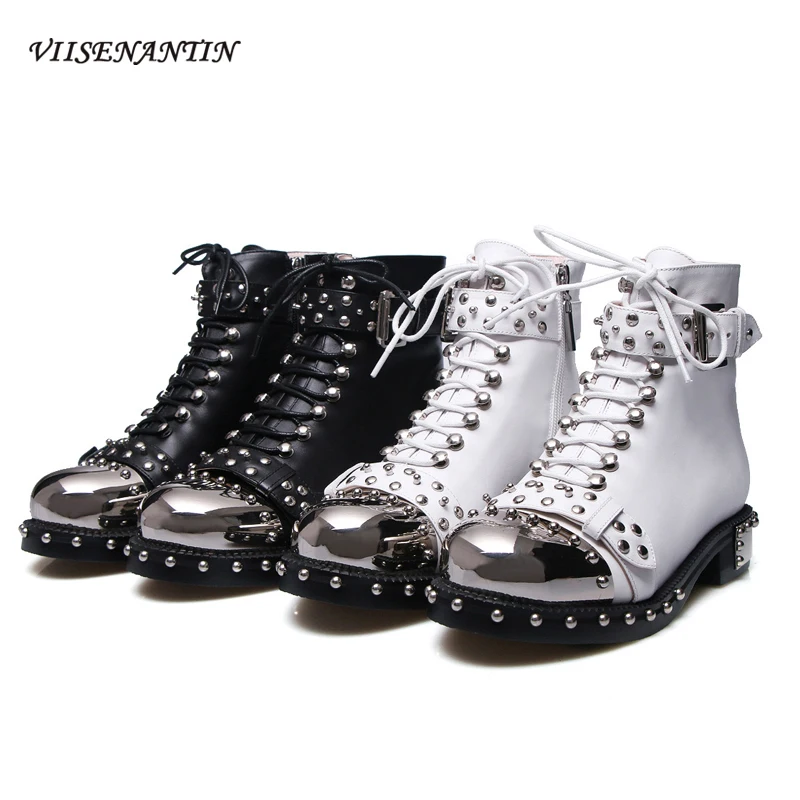 

2021 New Personality Rivet Stitching Belt Buckle Short Boots Metal Round Toe Lace Up Casual Motorcycle Boots