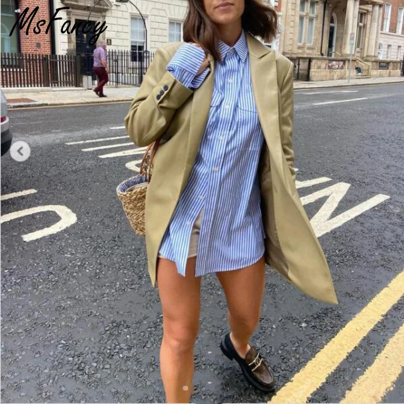 Женский двубортный блейзер из ПУ кожи с длинным рукавом осень 2021 | Женская одежда