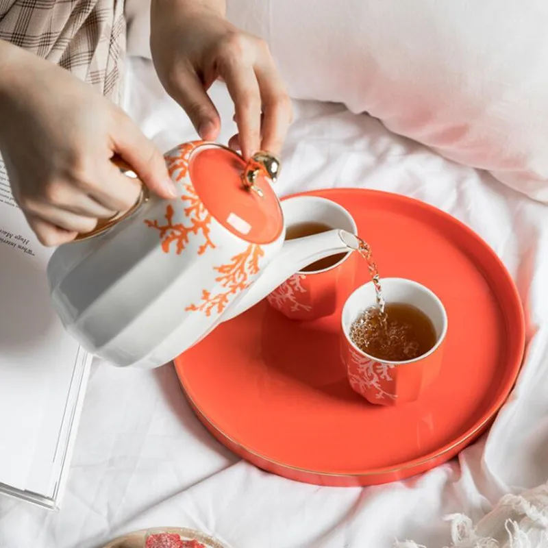 Nordic Gilt Edge Ceramic Drinking Ware Kettle Tea Set Teapot Cup Household Living Room Teaware With Porcelain Tray | Дом и сад