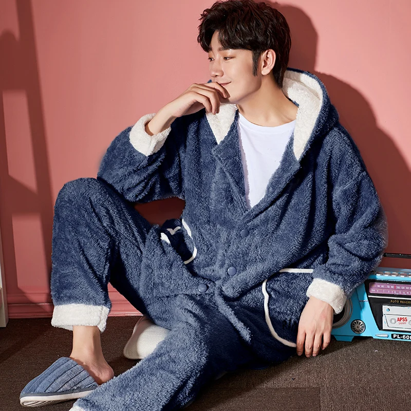Flanner Men Pajama Winter Pajamas Loose Version Lady Sleepwear Hooded Lovers Pajamas Packed Medium Style Thicken Nightdress