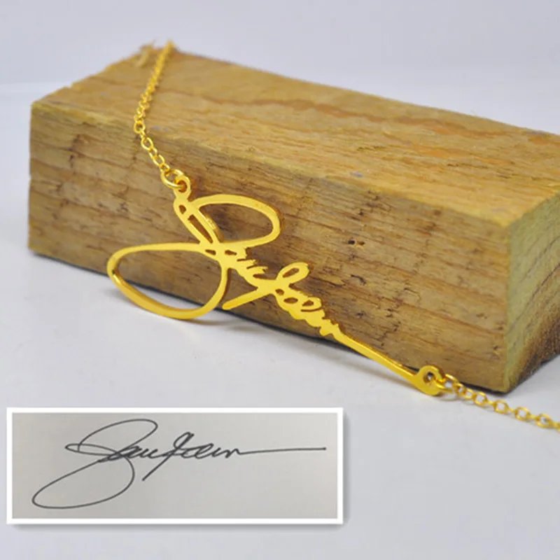 

Gold Plate Signature Name Necklace Personalized Handwriting Pendent Custom Nameplate Bridesmaid Jewelry Christmas Gift