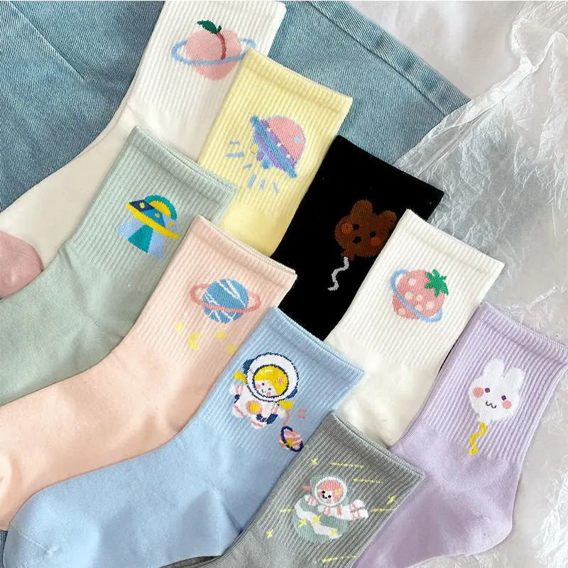 4 pairs of cute cartoon socks kawaii girl rabbit alien spaceship Japanese style sweet woman personality in tube breathable socks