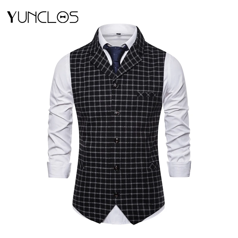 YUNCLOS черный белый в клетку повседневный мужской костюм жилет однобортный деловой