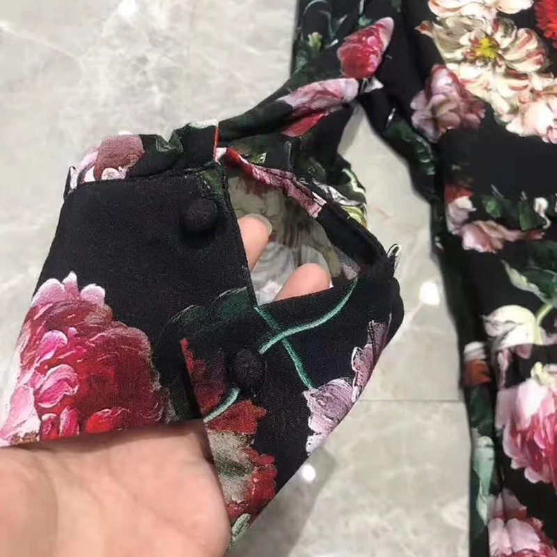 VERDEJULIAY European Vintage Trumpet Dresses Women Ruffles Edge 2020 Spring Runway Floral Print 100% Pure Silk Mid-Calf Dress | Женская