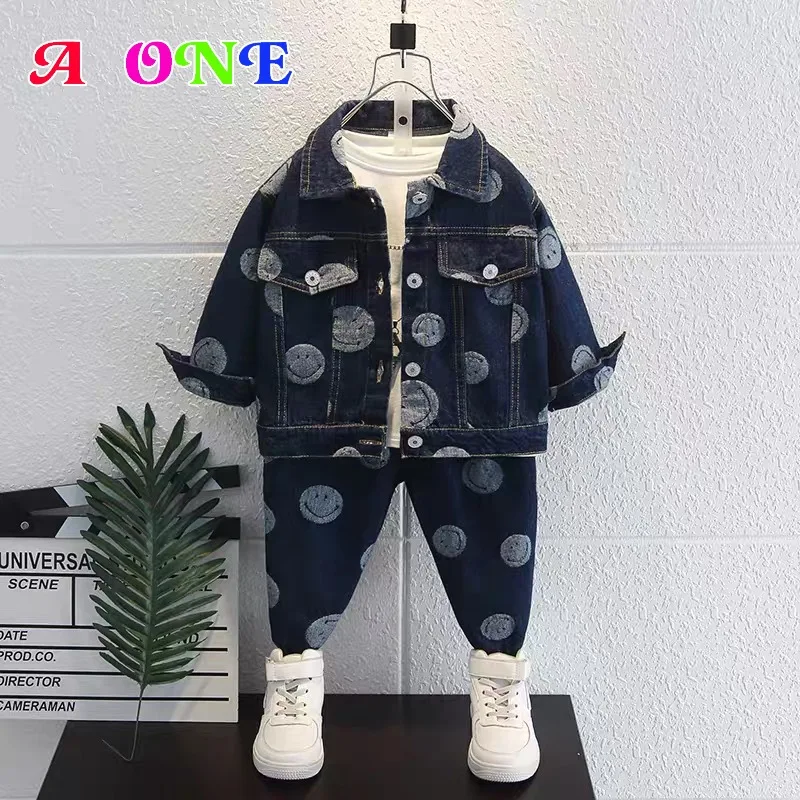 

Spring autumn boys Cowboy suit kids clothes children clothing set jackets + pants 2 pcs set casual Smiley Streetwear 2T to 10yrs