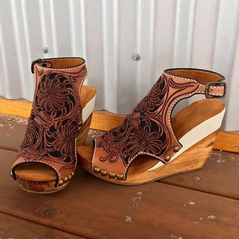 

Wedge Sandals Women 2021 Summer Retro Floral Print Platform Ladies Shoes Open Toe Hollow High Heels Buckle Straps Sandals
