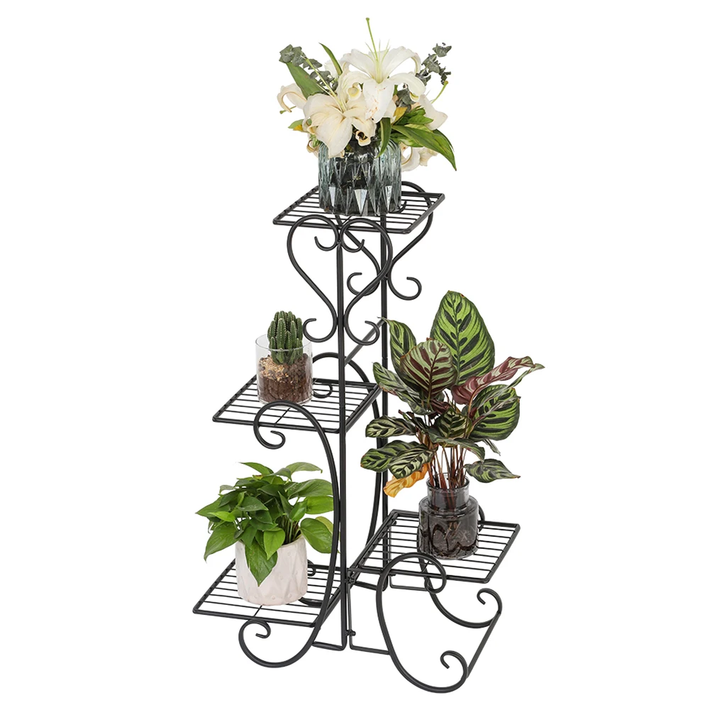 

4 Potted Square Flower Metal Shelves Plant Pot Stand Decoration for Indoor Outdoor Garden Black-4587