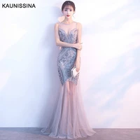 kaunissina evening dress sequins floor length trumpet robe charming formal gown v neck sleeveless backless sexy long party dress