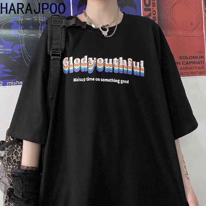 

Harajpoo Female T-Shirt Summer Korean Harajuku Style Retro Simple Rainbow Letter Printing Casual Loose Short-sleeved Couple Tops