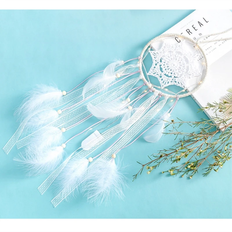 

NEW LED Light DreamCatcher White Feather Transparent Lace Wind Chimes Light Nordic Kids Dream Catcher Bedroom Decoration Hanging