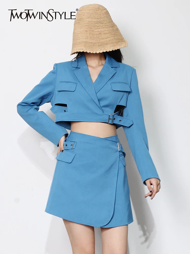 

TWOTWINSTYLE Hollow Out Temperament Dress For Women Notched Long Sleeve High Waist Casual Mini Autumn Dresses Female Fashion New