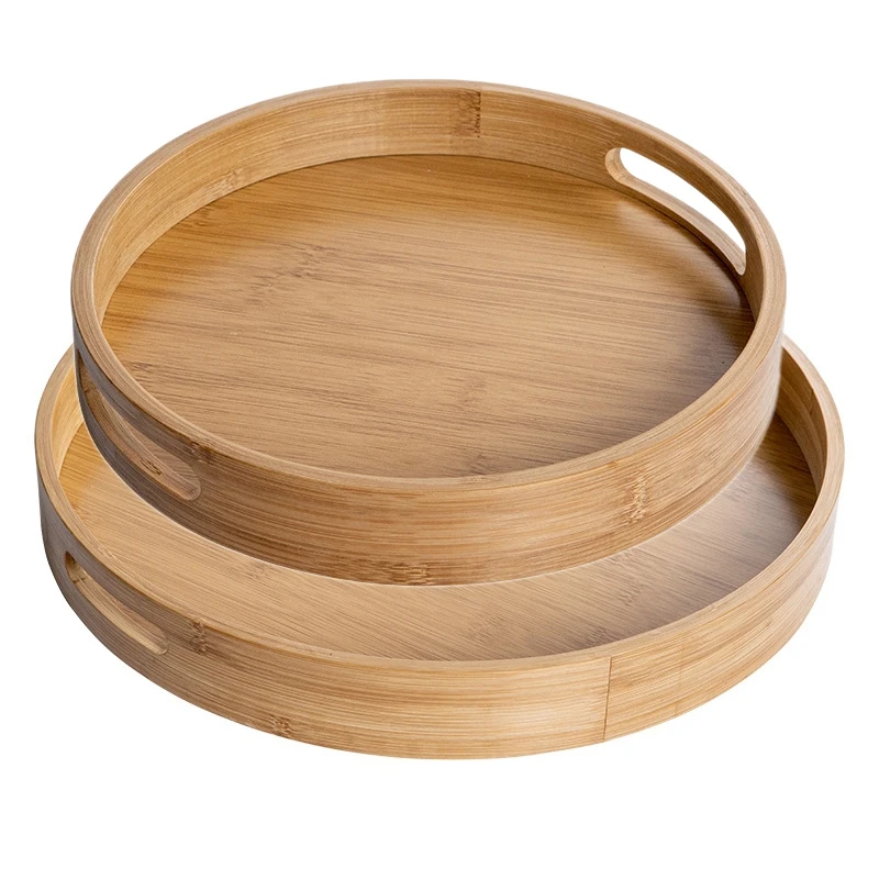 Round Serving with Handles - Wooden Bamboo Circle Tray for Coffee Table Food Ottoman | Дом и сад