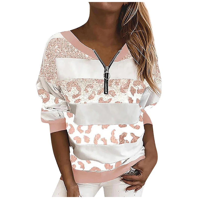 

Sweatshirt Women Spring Autumn 2021 Casual Loose Leopard Print V-Neck Zipper Long Sleeve Plus 5Xl Hoodies Harajuku Top SJ7921M