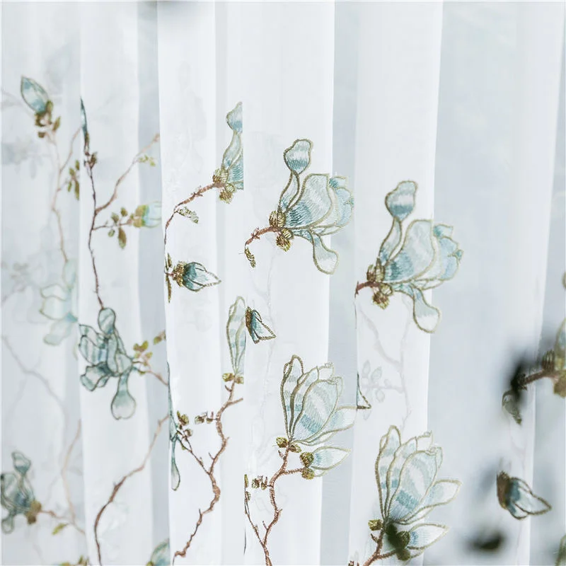 Элегантные тюлевые шторы с голубыми цветами и вышивкой для гостиной легкие