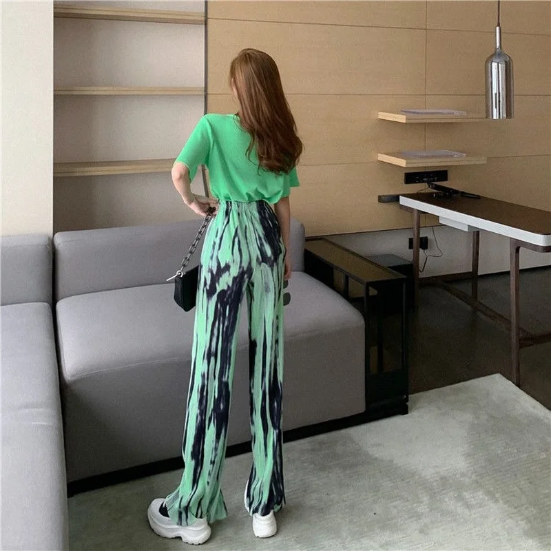 Длинные повседневные женские брюки плиссированные прямые с завязкой в Корейском