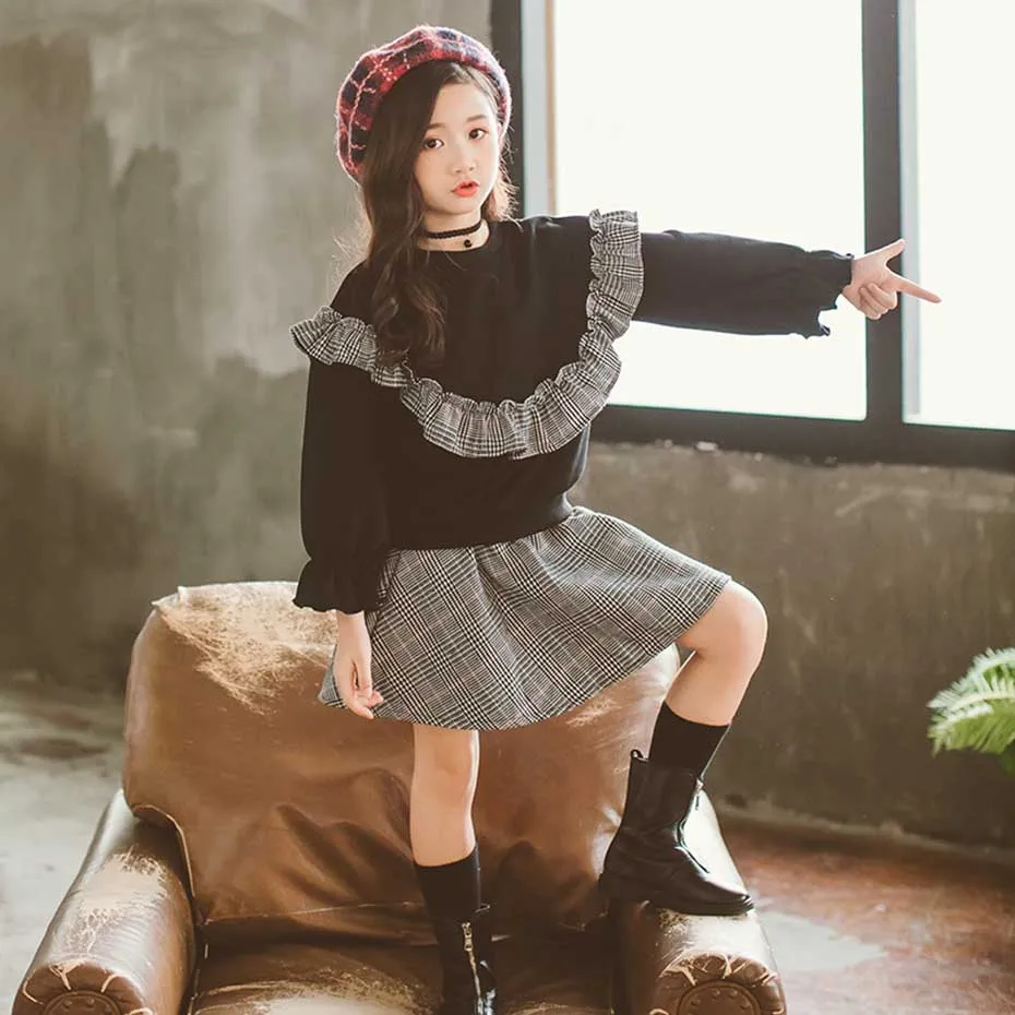 Детская одежда для девочек Толстовка + юбка 2 шт. Лоскутная клетчатая Одежда