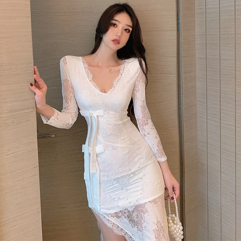

Spring Socialite Temperament Sexy V-neck Retro Long Sleeve Belt Slim Fit Slimming Split Long Dress Rac
