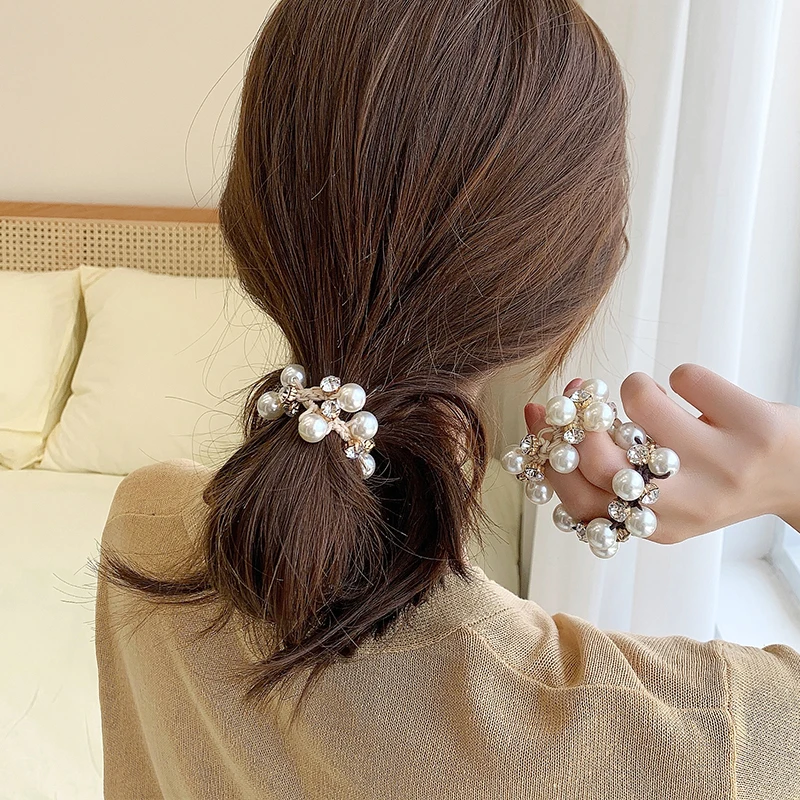 

New Pearls Rhinestone Hair Scrunchies Ponytail Hair Tie Sweet Pearl Elastic Hair Bands Pearl Flower Hair Rope Hair Accessories