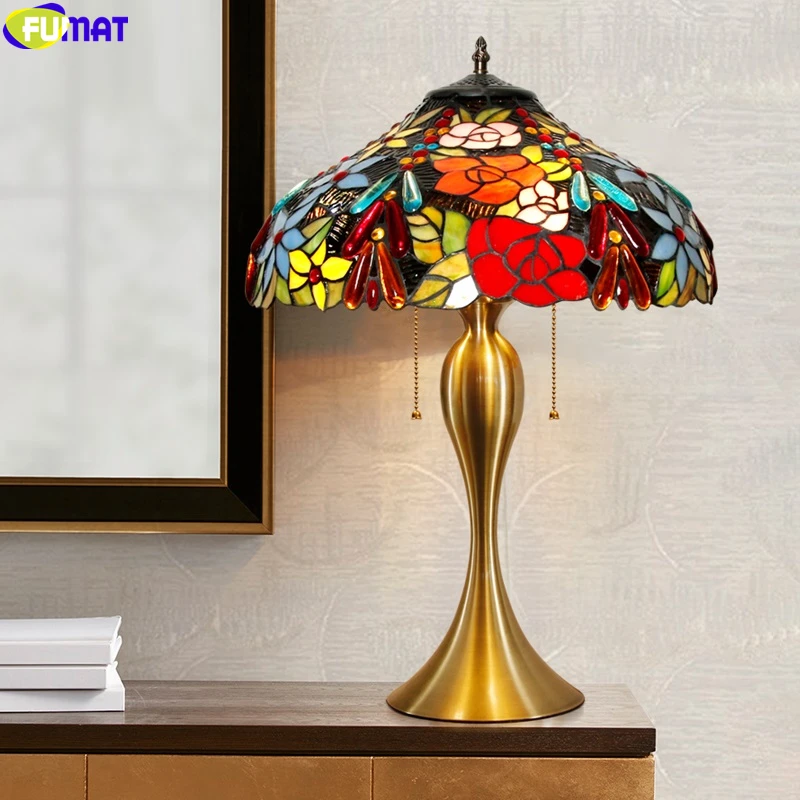 

FUMAT Tiffany Vineyard Table Lamp Grape Flower Stained Glass Desk Light Decorative Classical Style Handicraft Colorful Lighting