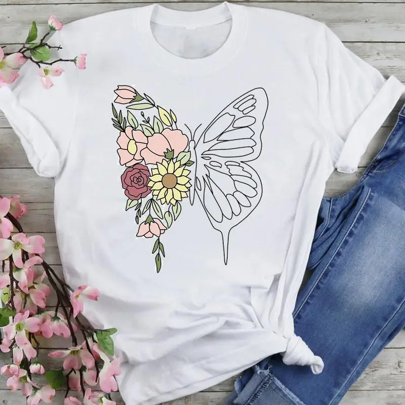 

Women Sweet Flower New Butterfly Letter Cartoon Summer Fashion Print Short Sleeve Lovely Clothes Tops Tees Tshirt T-Shirt