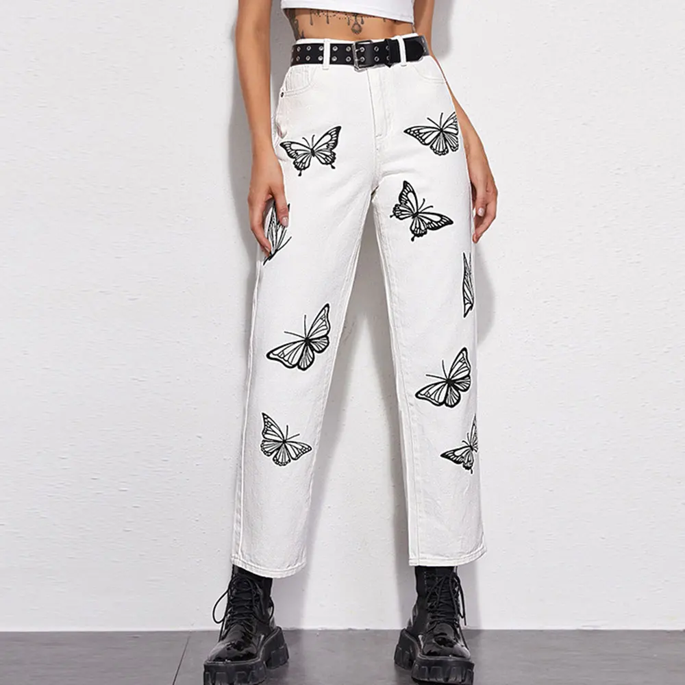

Белые женские джинсы ZOTTSOZ с завышенной талией, винтажные Модные свободные укороченные брюки с принтом бабочки, Повседневная Уличная одежда,...