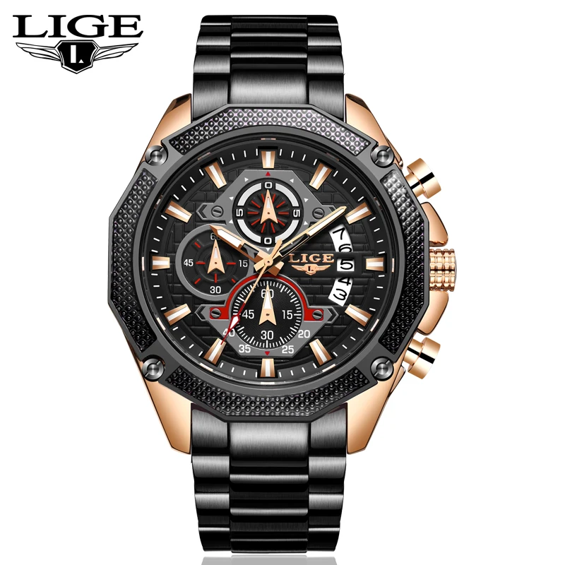 

LIGE New Fashion Mens Watches with Stainless Steel Top Brand Luxury Sports Chronograph Quartz Watch Men Relogio Masculino+Box