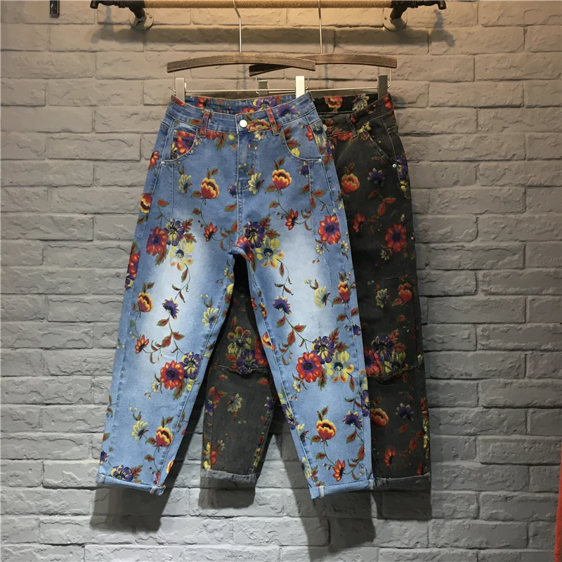 Женские джинсы с цветочным принтом свободные брюки женские винтажные джинсовые