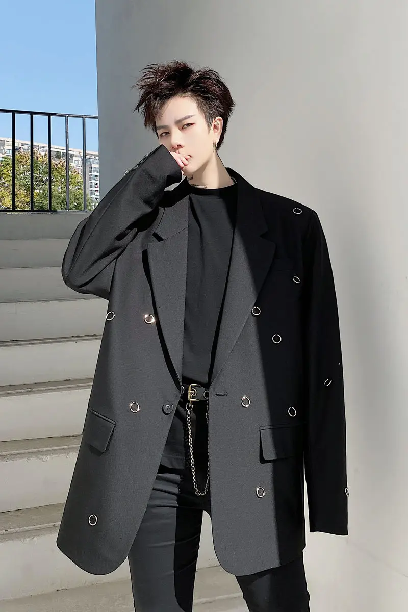

IEFB 2021 Autumn Pure Hand Sewn Golden Ring Men's Single Button Suit Coat High Quality Loose Niche Design Blazer Black White New