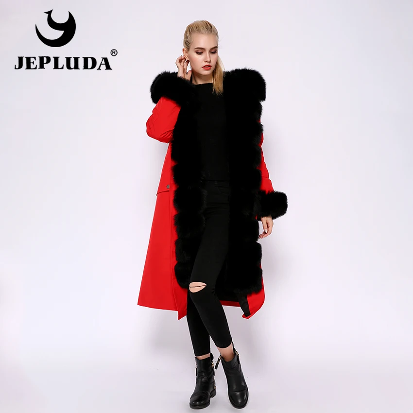 JEPLUDA парка женская с натуральным мехом лисой большой на капюшоном и манжетами меховой подкладкой кролика рекс полный толстый разъемный зимнее женское пальто с мехом съемный женская куртка из натурального меха лиса