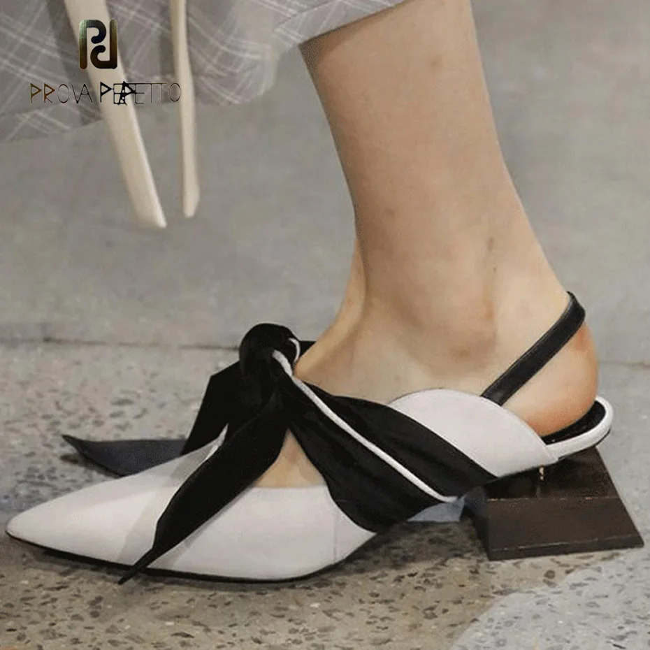 

Prova Perfetto Модные Остроносые женские туфли-лодочки на необычном каблуке со шнуровкой и бантиком, закрытые мюли, сандалии, женские модельные ве...