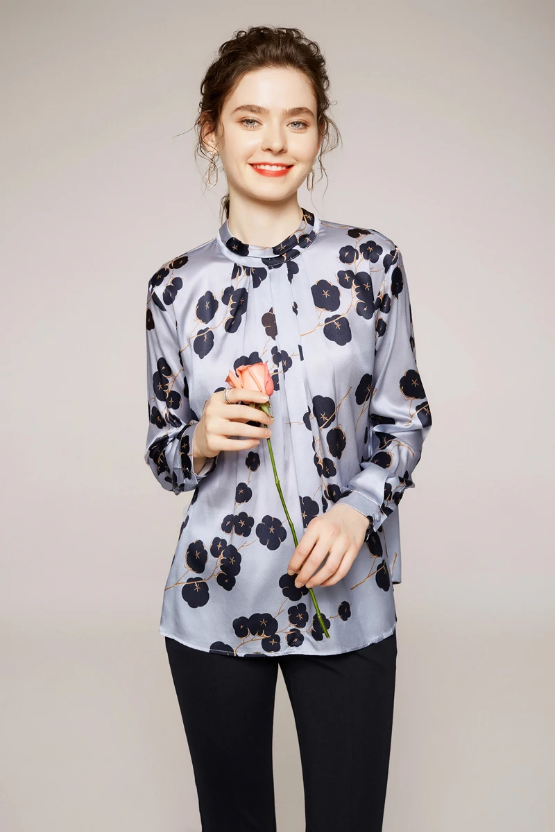 

100% Pure Silk Women's Runway Shirts Stand Collar Long Sleeves Floral Printed Ruched Pullover Fashion Casual Blouse Tops