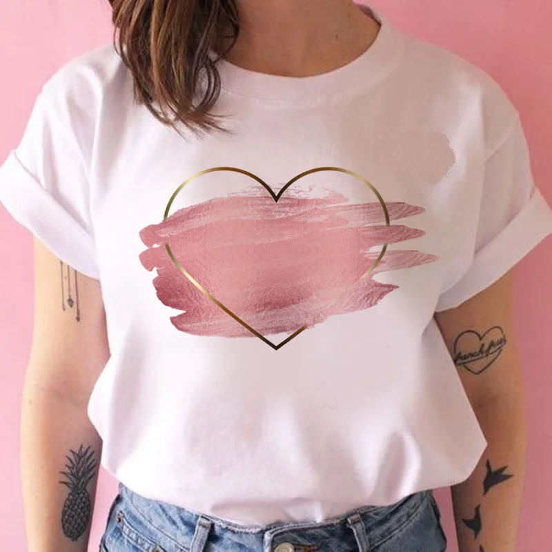 

Ladies Heart-shaped Print T-shirt Ladies Harajuku Casual White Top Plus Size Street Sports Top